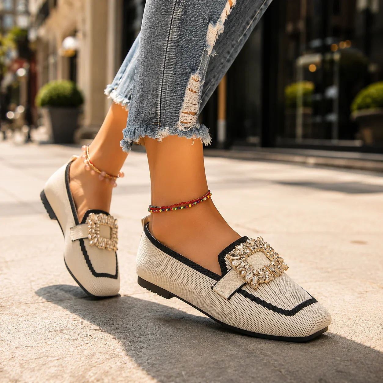 Vellora – Crystal Buckle Knit Loafers, Square Toe Slip-On Flats for Women
