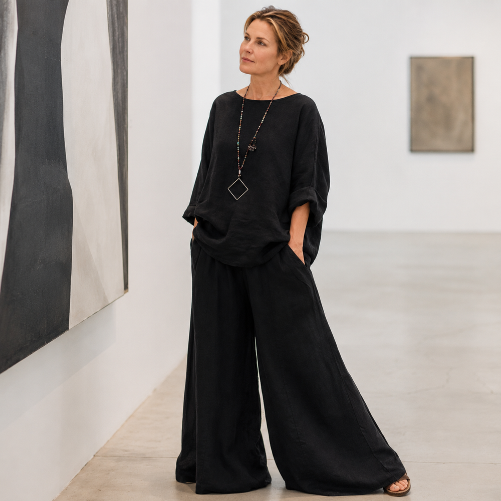 Lunavia™ – Oversized Cotton-Linen Two-Piece Set with Wide-Leg Pants