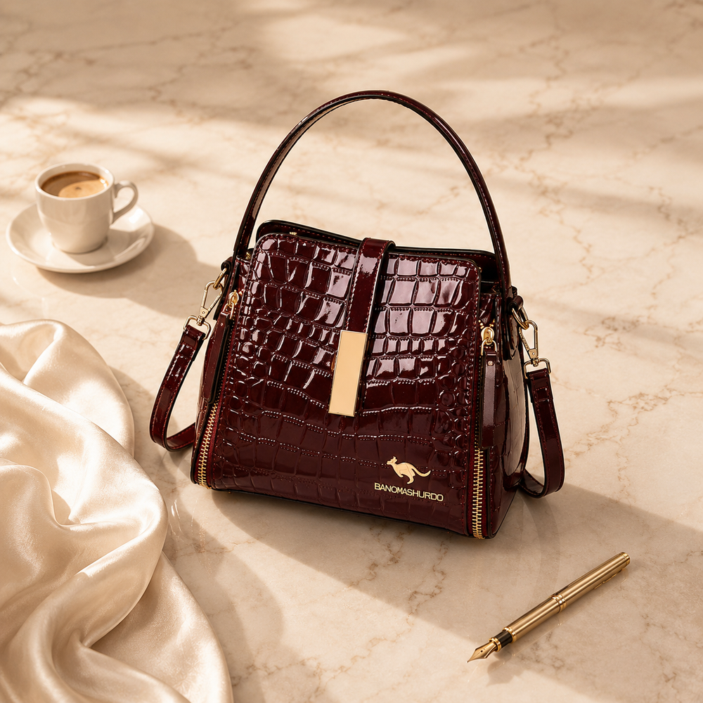 Velora – Glossy Croc Embossed Crossbody Handbag with Gold Hardware