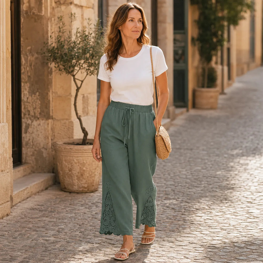 Solenne – Women's Wide Leg Drawstring Pants with Floral Cutwork Hem