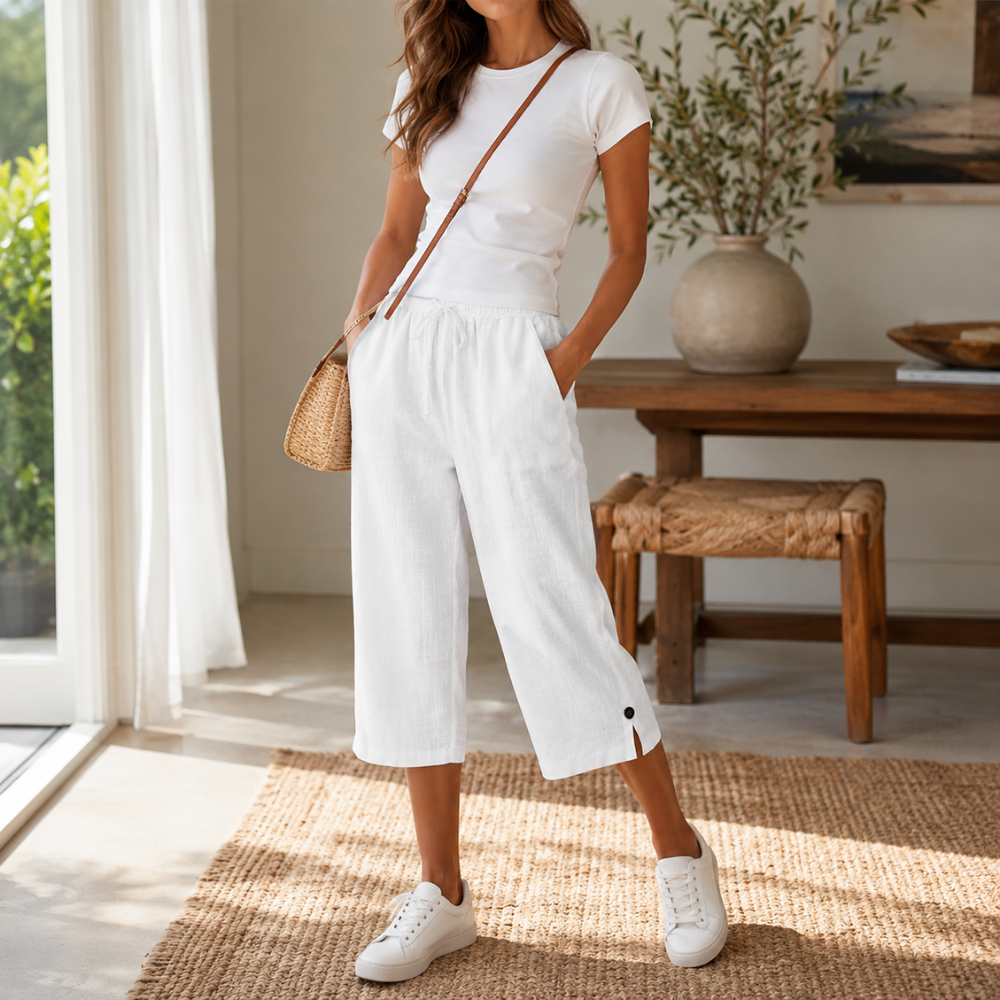 Lyriva™ – Women's Capri Pants with Drawstring Waist, Pockets and Button-Slit Hem