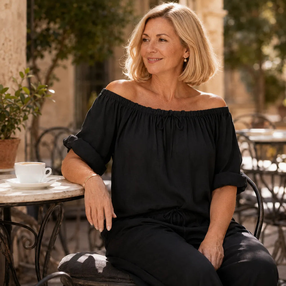 Soléne – Off-Shoulder Drawstring Top & Wide-Leg Pants 2-Piece Set