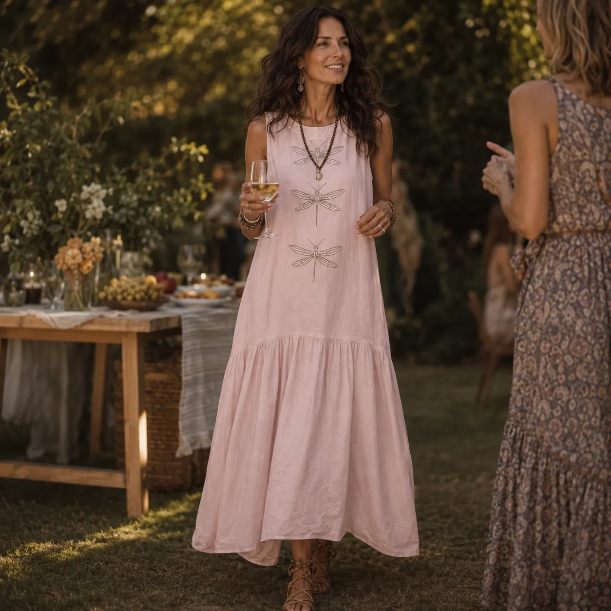 Solenne – Sleeveless Dragonfly Maxi Dress with Drop Waist