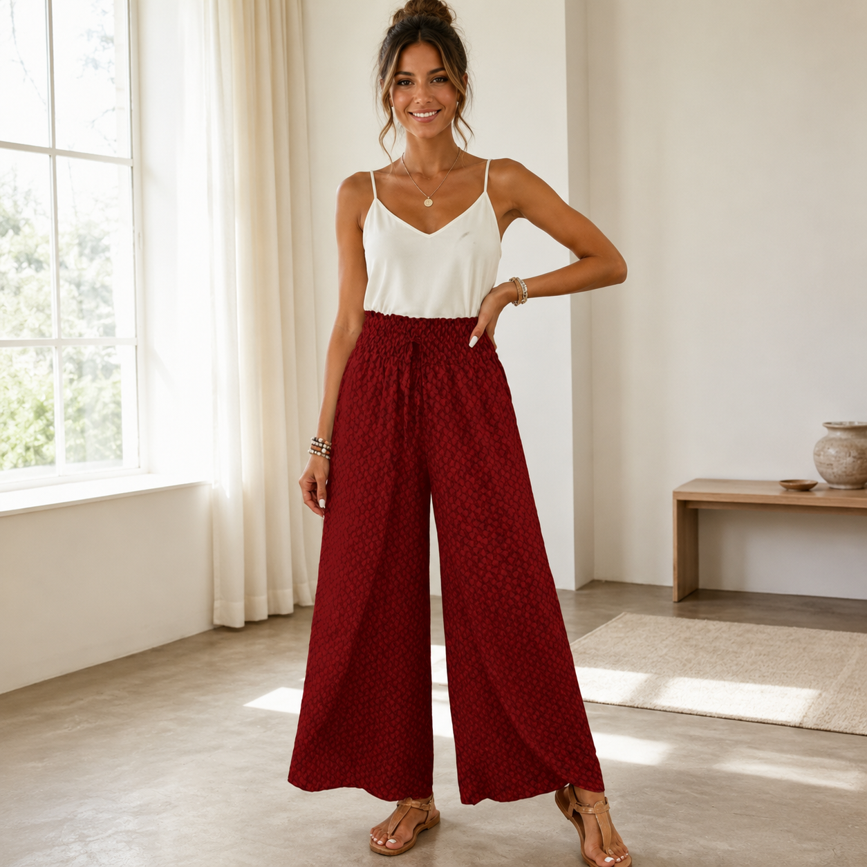 Solavie – Smocked Waist Wide Leg Pants with Wrap Slit for Women