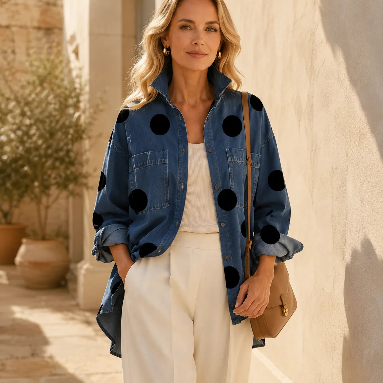 Marevelle – Oversized Polka Dot Denim Shirt with Stand Collar