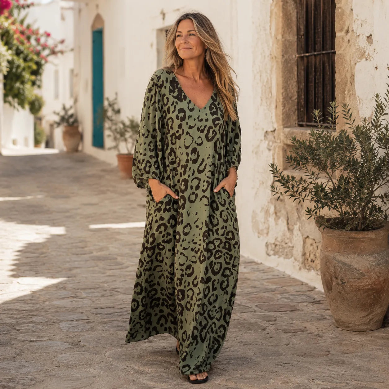 Lunavia – Leopard Print V-Neck Maxi Dress with Pockets, Loose Kaftan Fit, 4 Colors