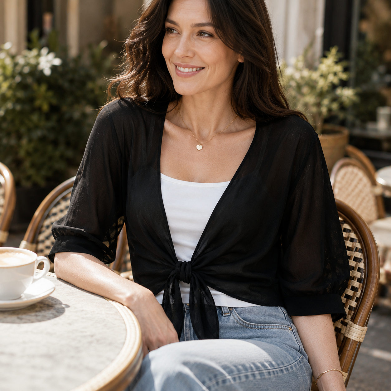 Veluna™ – Chiffon Tie-Front Top with Puff Sleeves