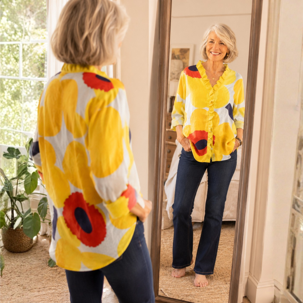 Emma™ – Ruffle Front V Neck Artistic Print Tunic Blouse for Women