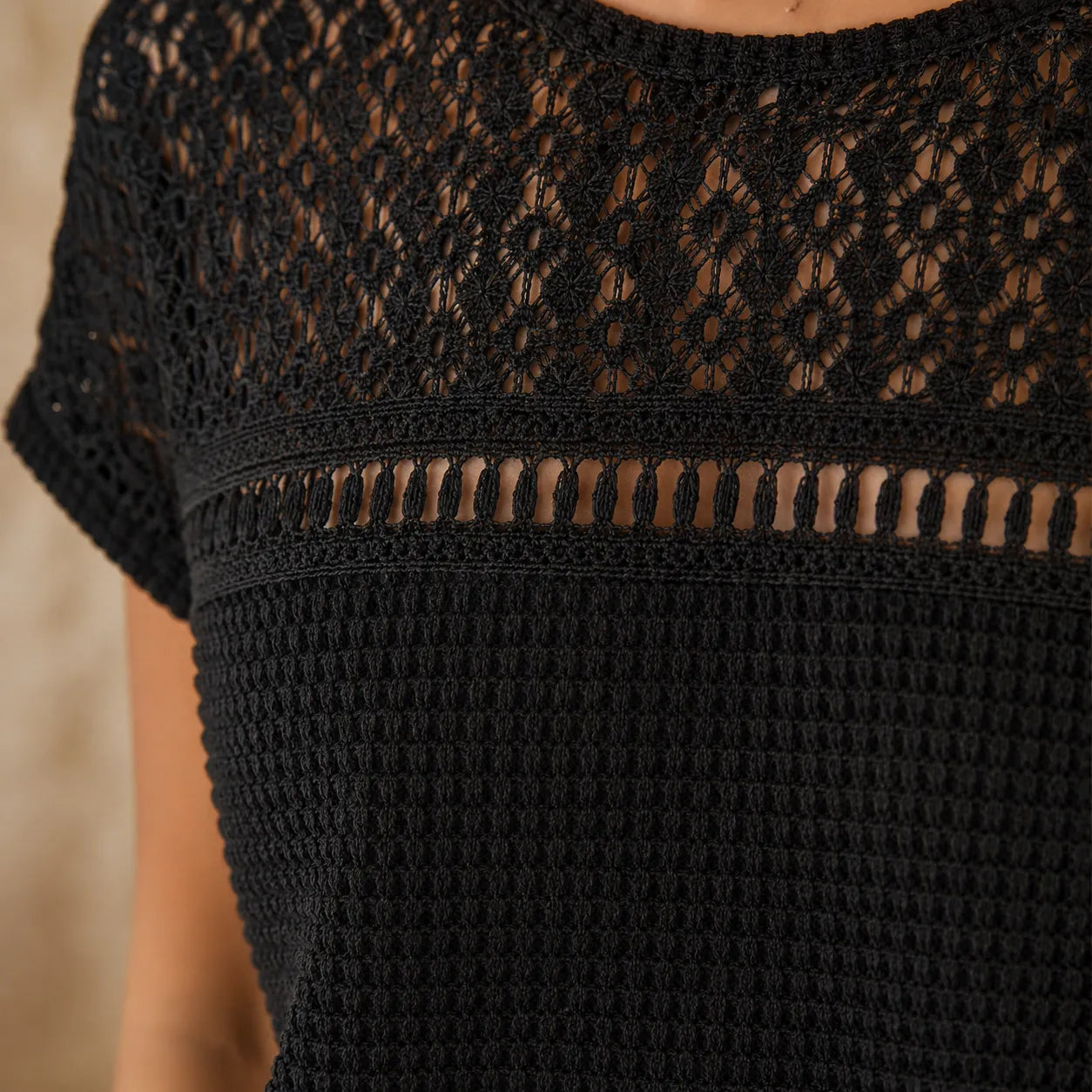 Wearbella – Open Knit Short Sleeve Top, Waffle Texture Spring Summer Blouse for Women