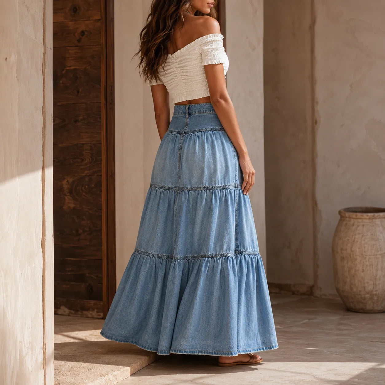 Romella – High Waisted Tiered A-Line Denim Maxi Skirt for Women