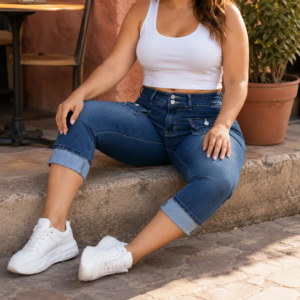 Curvella – Curvy Fit Stretch Denim-like Capri Jeans, Mid Rise Cuffed Hem