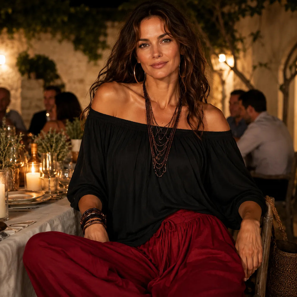 Solenza – Off-Shoulder Boho Top and Lantern Pants Set for Women