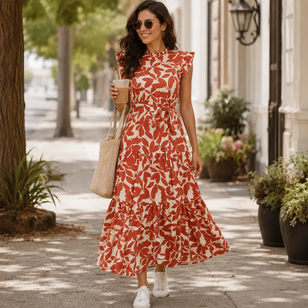 Sunlura – Flutter Sleeve Tie Waist Tiered Midi Dress, Summer Floral Print, Women's Casual Dress