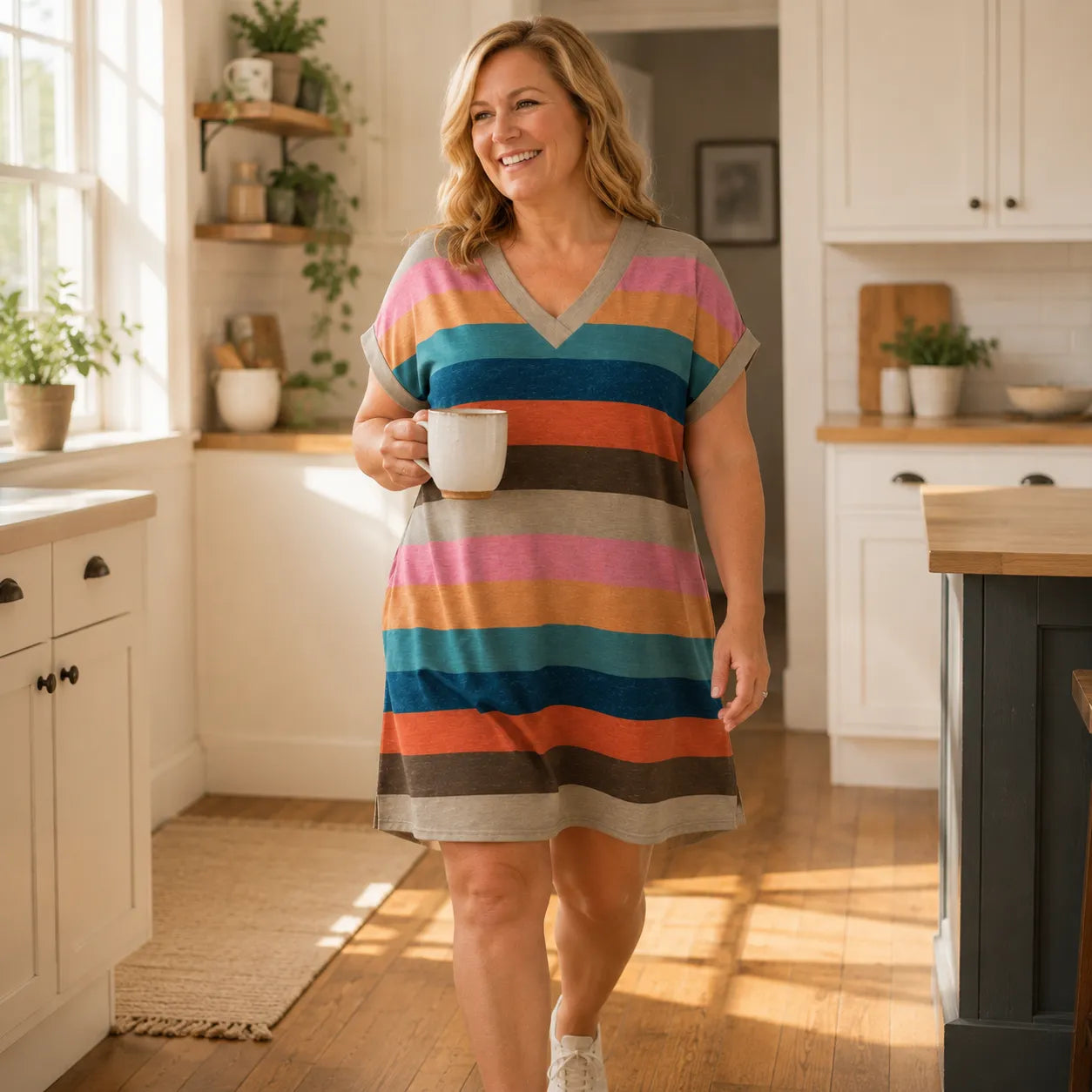Marlowen – Striped V-Neck Knit T-Shirt Dress for Women, Soft Summer Casual