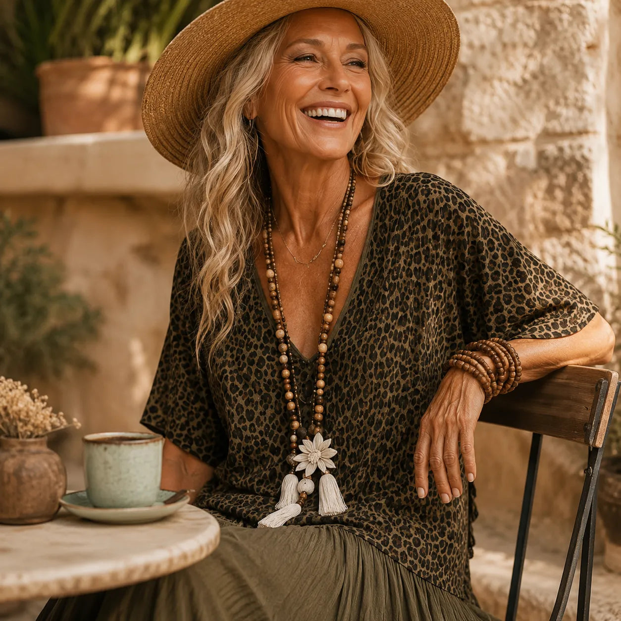 Marenza – Boho Tiered Maxi Dress with Leopard Bodice, Color-Block Skirt, V-Neck