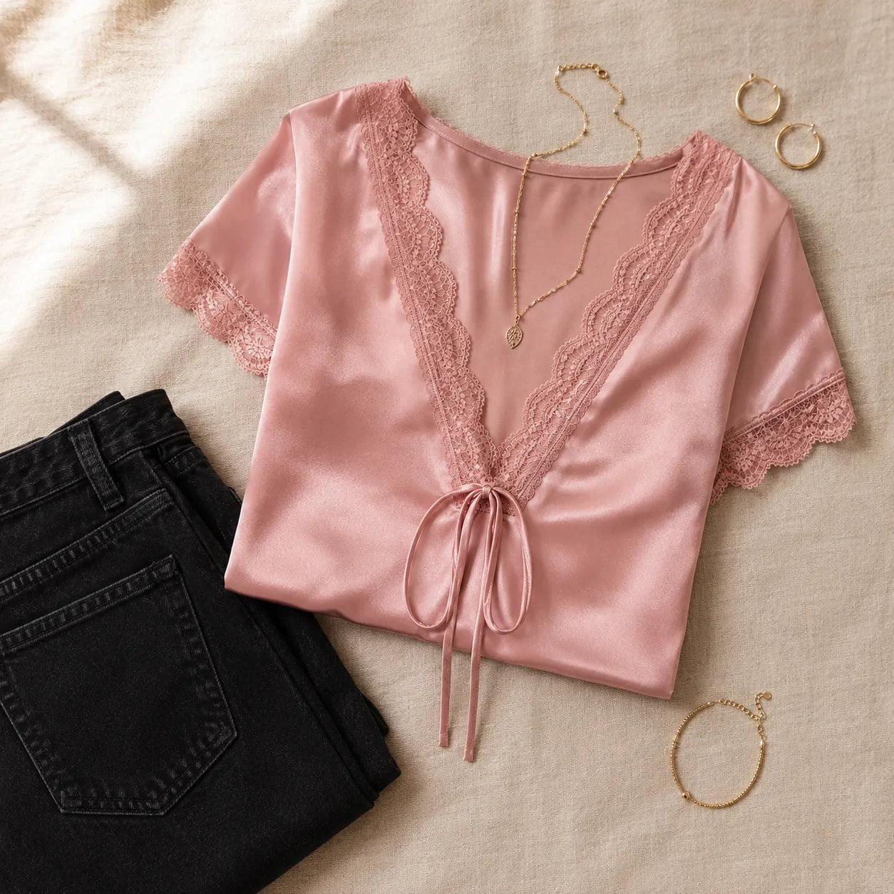 Lyselle – Satin-like Lace V-Neck Tie-Front Blouse for Women