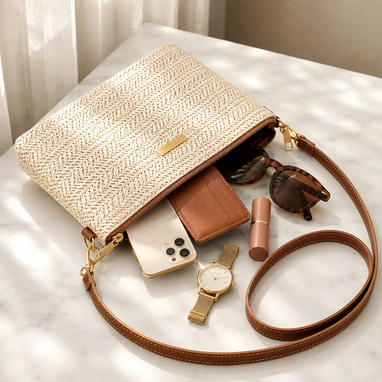 Solène – Woven Straw Crossbody Clutch Bag for Women