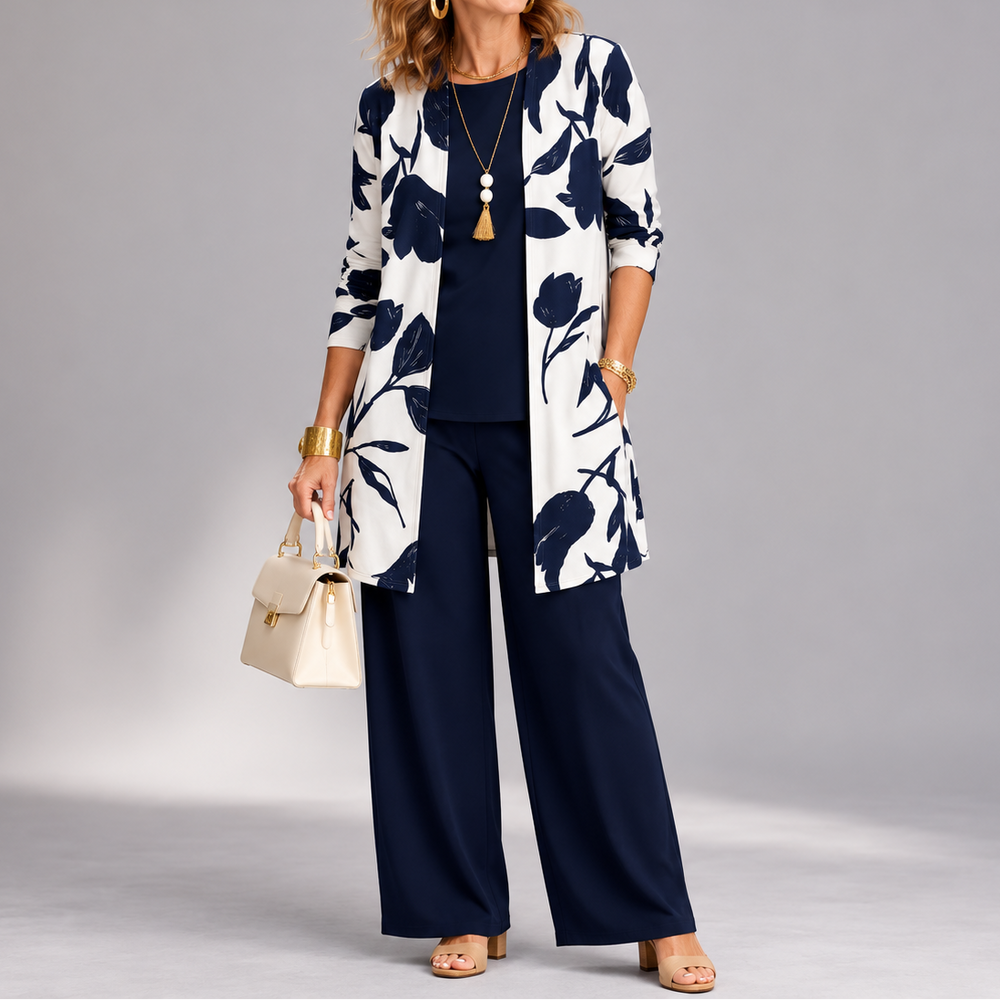 Evania™ – Women's Navy Botanical 3 Piece Outfit Set with Longline Cardigan