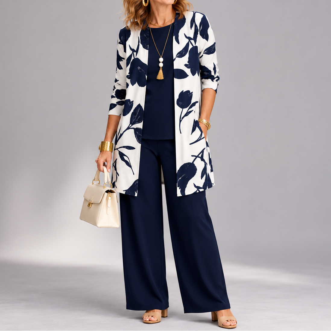 Evania™ – Women's Navy Botanical 3 Piece Outfit Set with Longline Cardigan