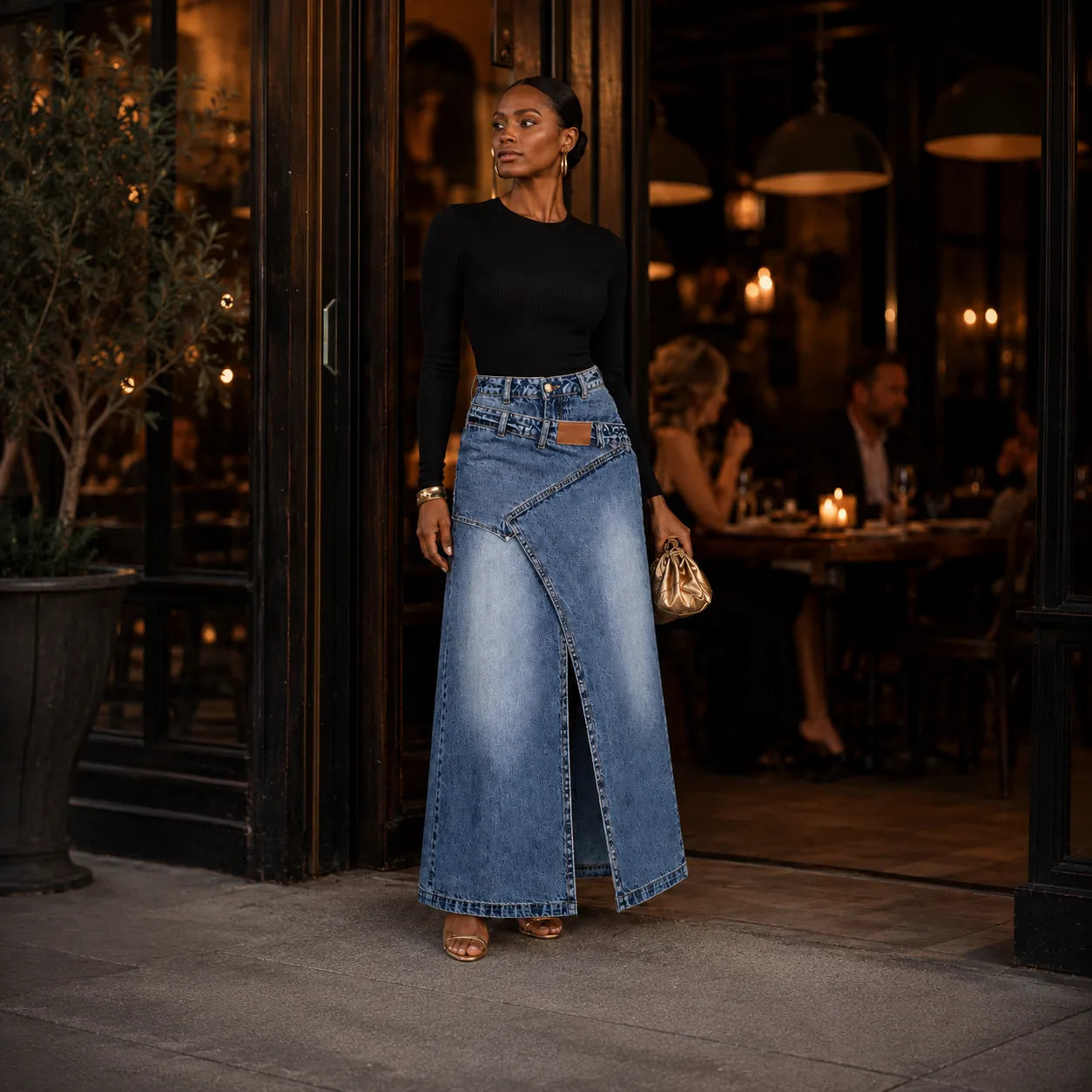 Saviera – Asymmetric Layered Denim Maxi Skirt with High Front Slit
