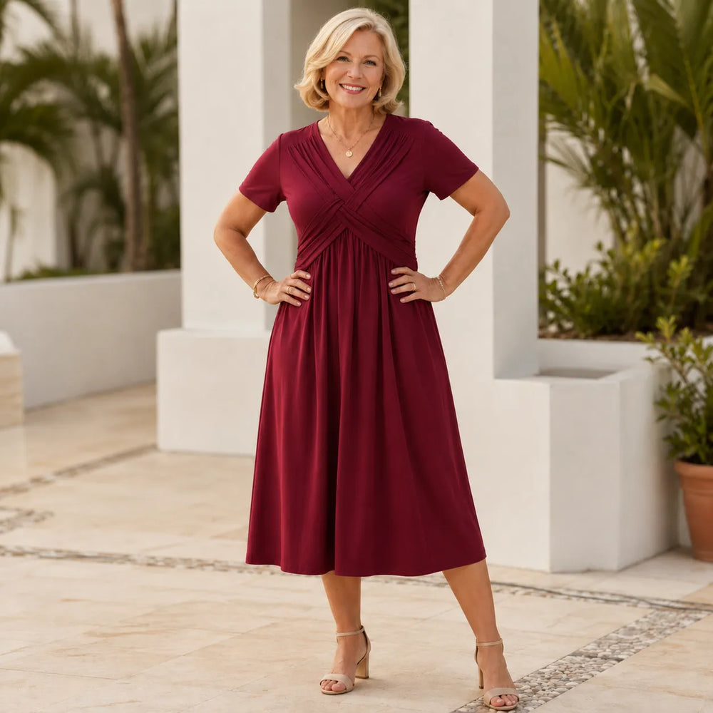 Marabelle – V-Neck Cross-Front Pleated Midi Dress with Pockets