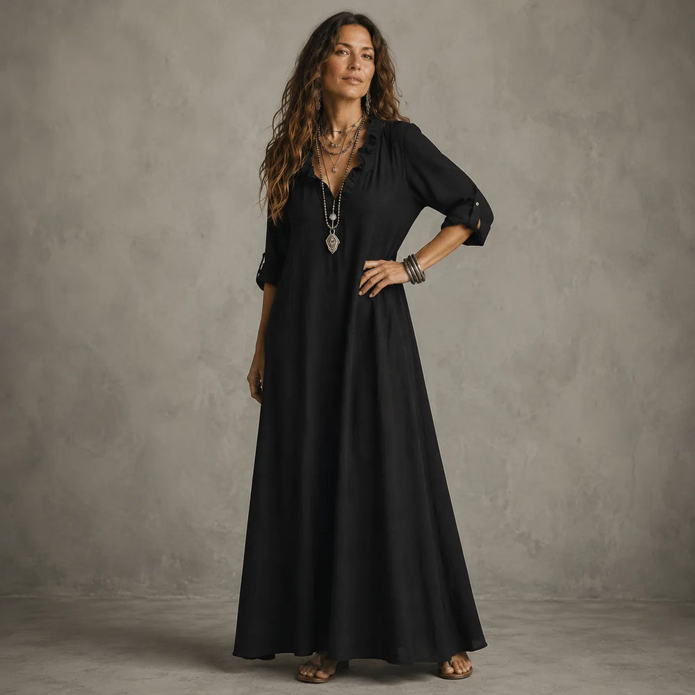 Soléra – Boho Ruffle V-Neck Maxi Dress with Roll-Up Sleeves