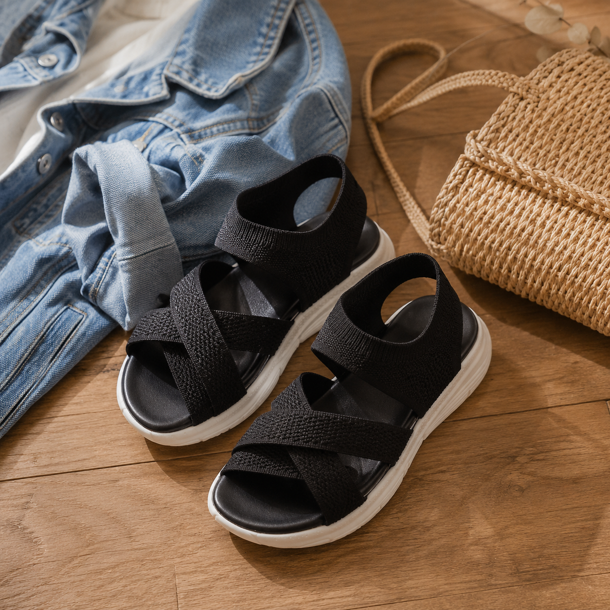 Veluna™ – Cushioned Stretch Knit Cross Strap Sandals for Women