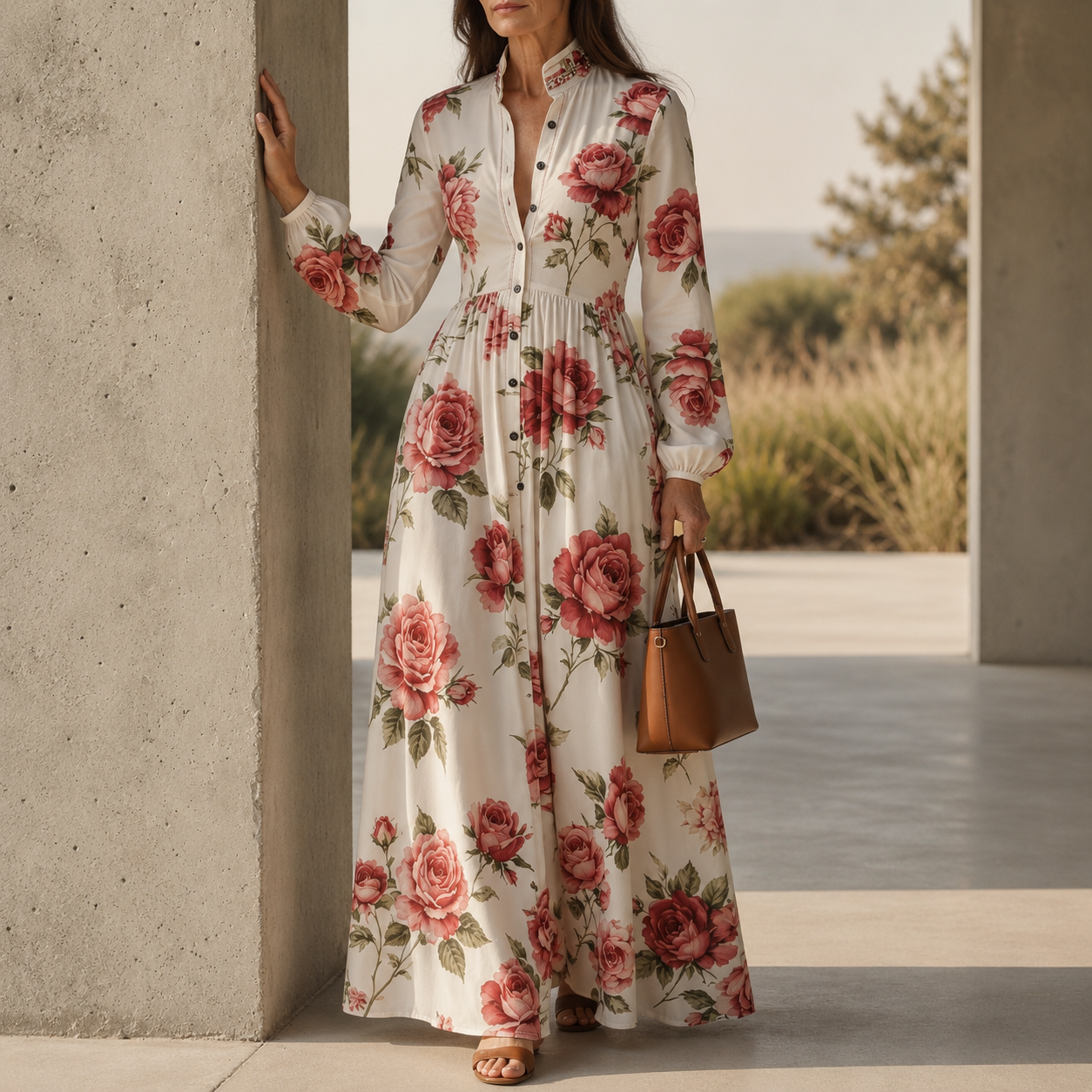 Luvelle™ – Rose Print Button-Front Maxi Dress with Long Sleeves