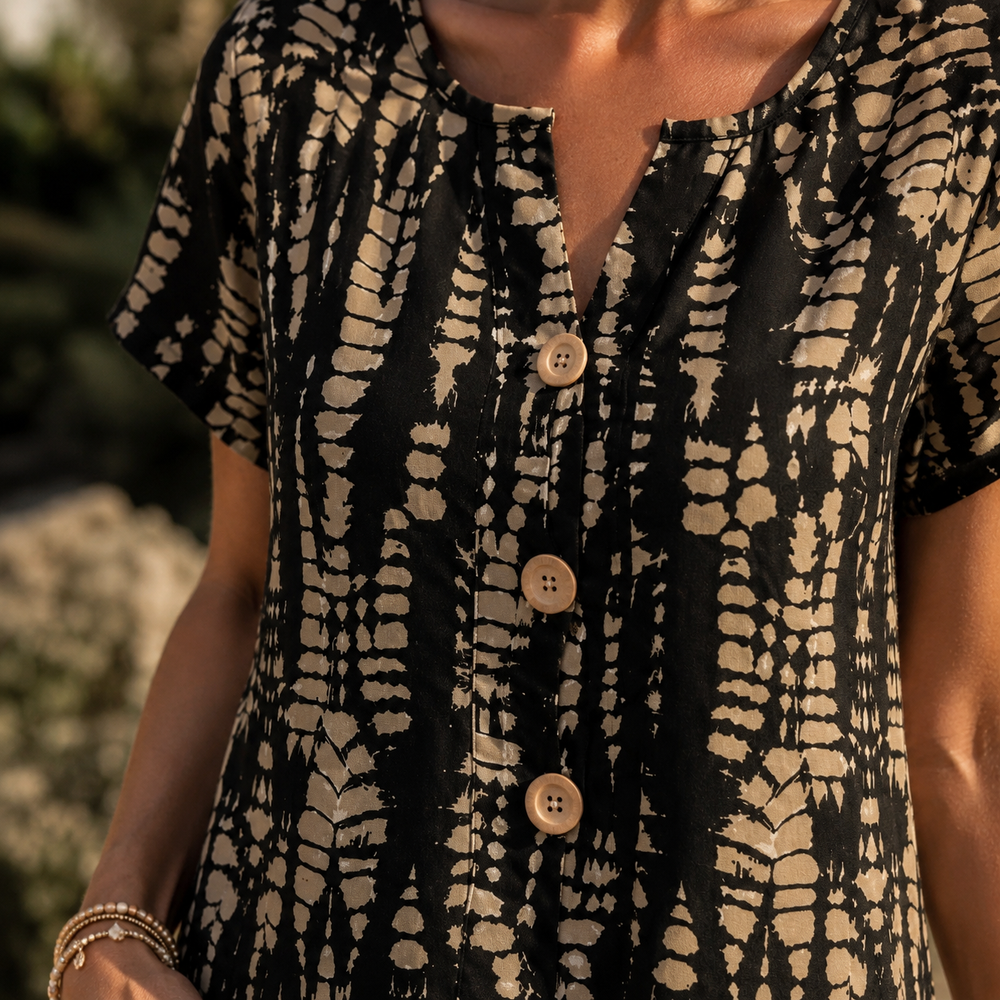 Solara – Printed A-Line Shift Dress with Short Sleeves & Buttons
