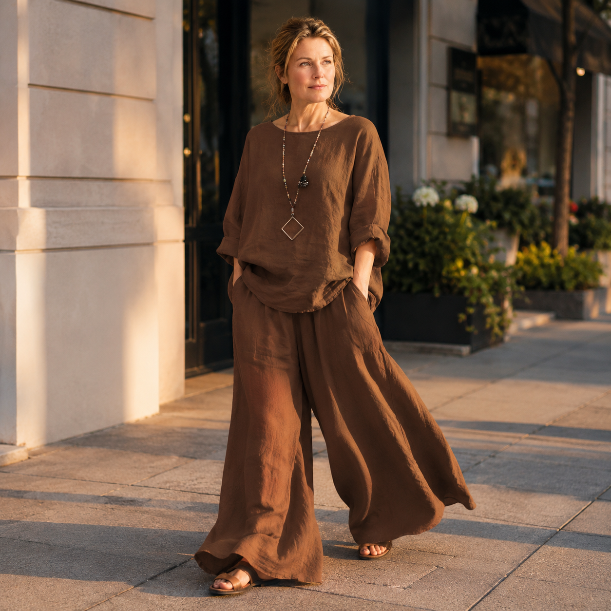 Lunavia™ – Oversized Cotton-Linen Two-Piece Set with Wide-Leg Pants