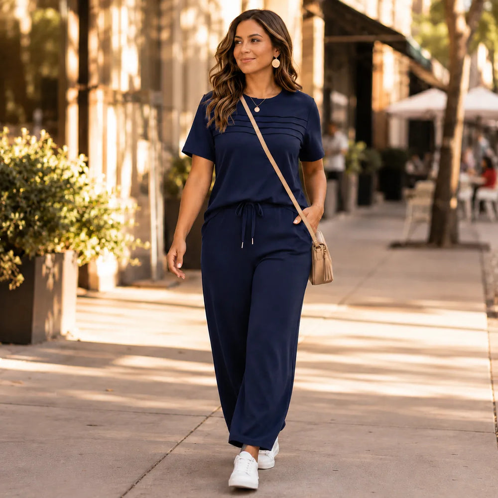 Lounella – Women's Pintucked Lounge Set with Wide-Leg Pants and Pockets