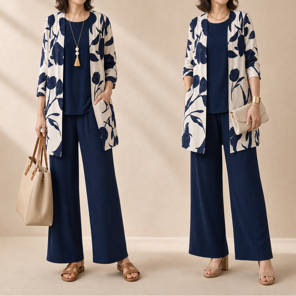 Evania™ – Women's Navy Botanical 3 Piece Outfit Set with Longline Cardigan