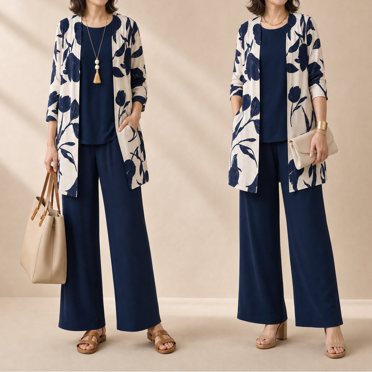Evania™ – Women's Navy Botanical 3 Piece Outfit Set with Longline Cardigan