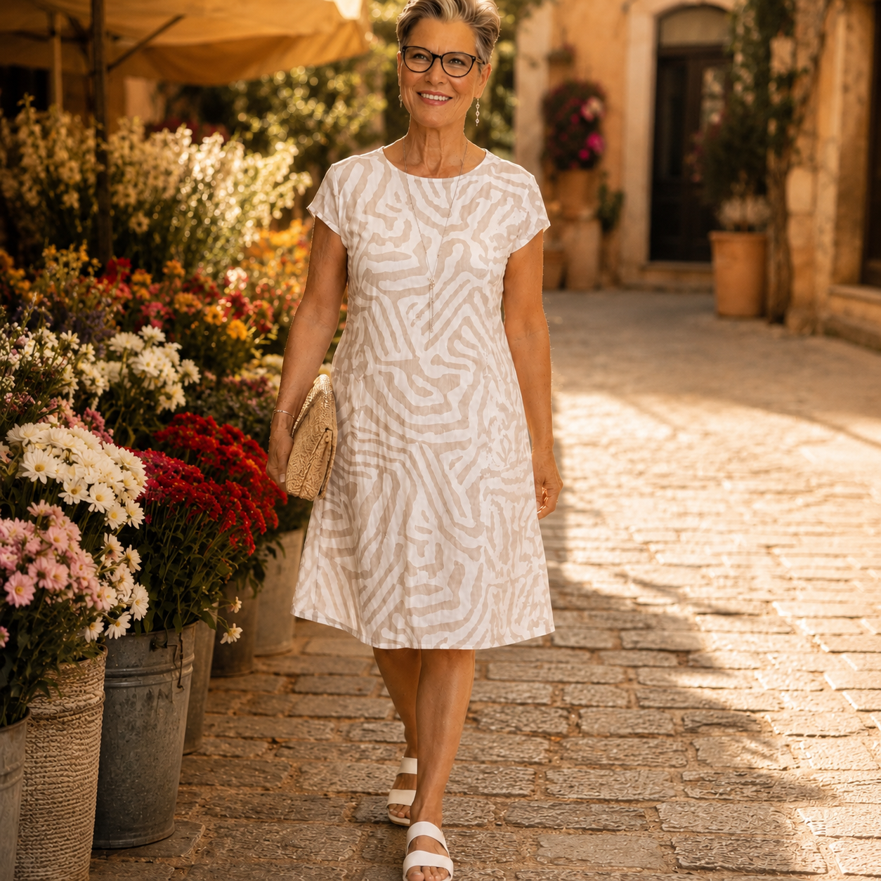Ingrid™ – Linen Look Midi Shift Dress with Abstract Print, Cap Sleeve