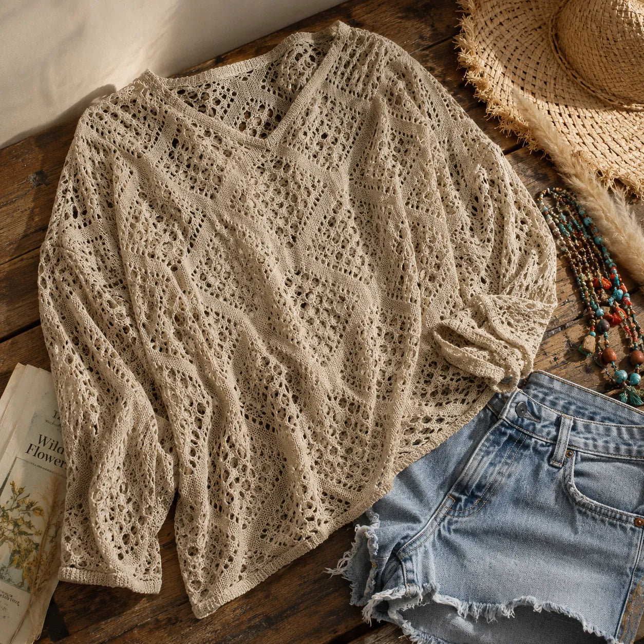 Marigrove – Bohemian Hollow-Knit V-Neck Crochet Top for Women