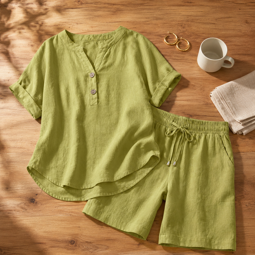 Lunessa™ – Cotton Linen 2 Piece Set Women Henley Top and Drawstring Shorts