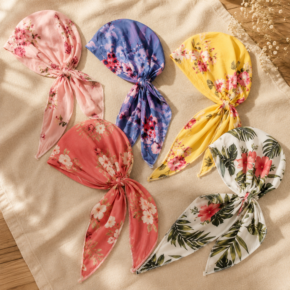 Florenza – Pre-Tied Floral Head Scarf Turban, Soft Elastic, 5 Prints