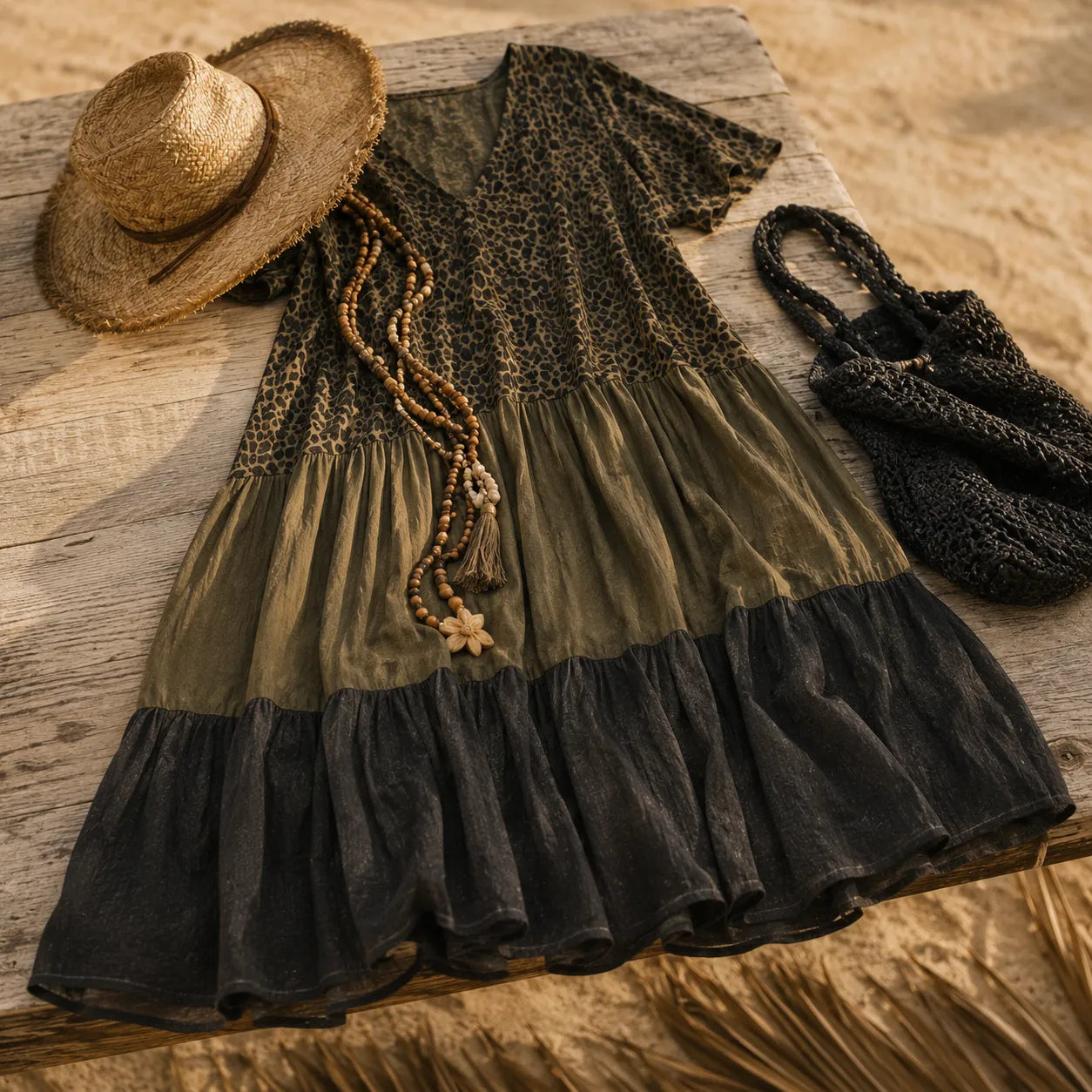 Marenza – Boho Tiered Maxi Dress with Leopard Bodice, Color-Block Skirt, V-Neck