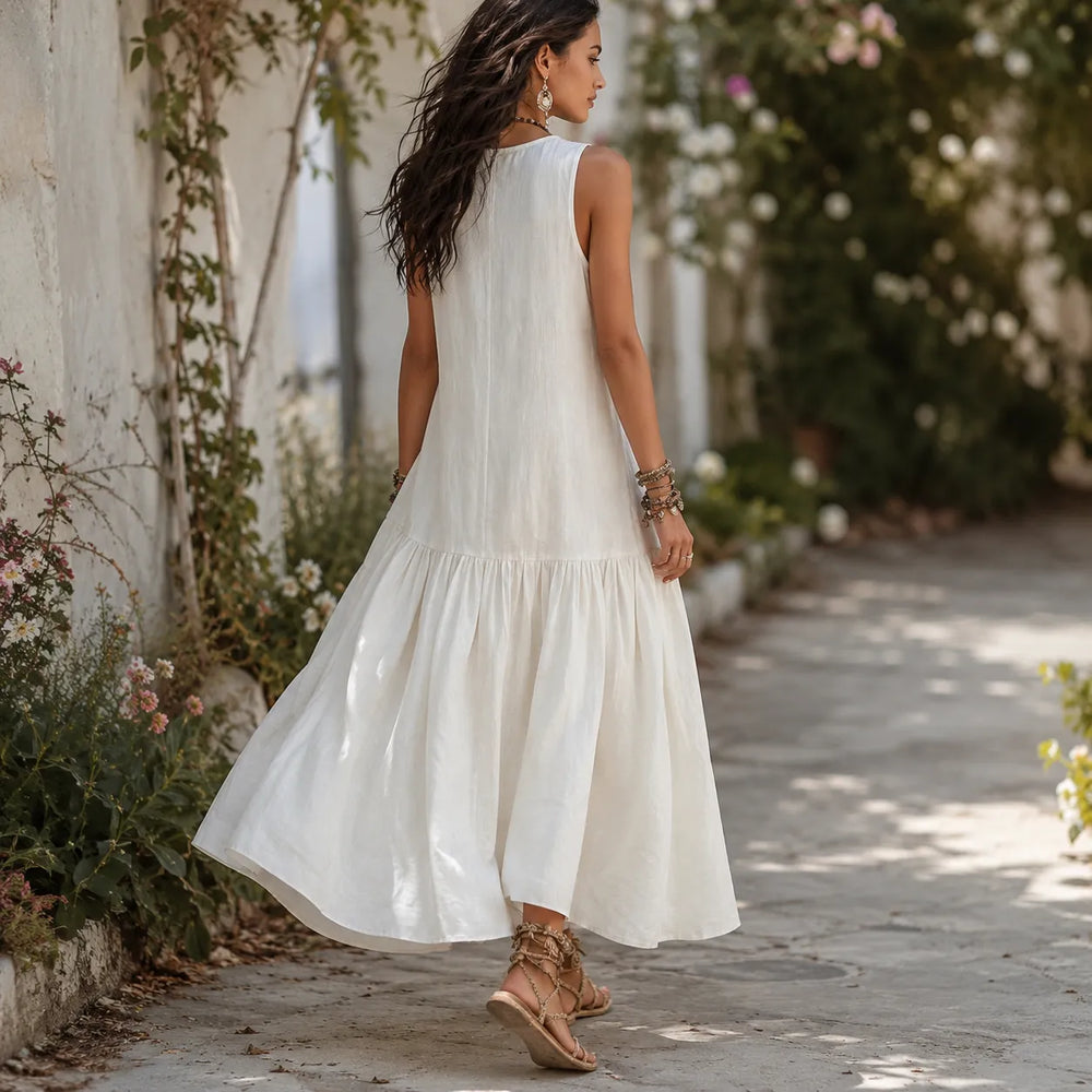 Solenne – Sleeveless Dragonfly Maxi Dress with Drop Waist