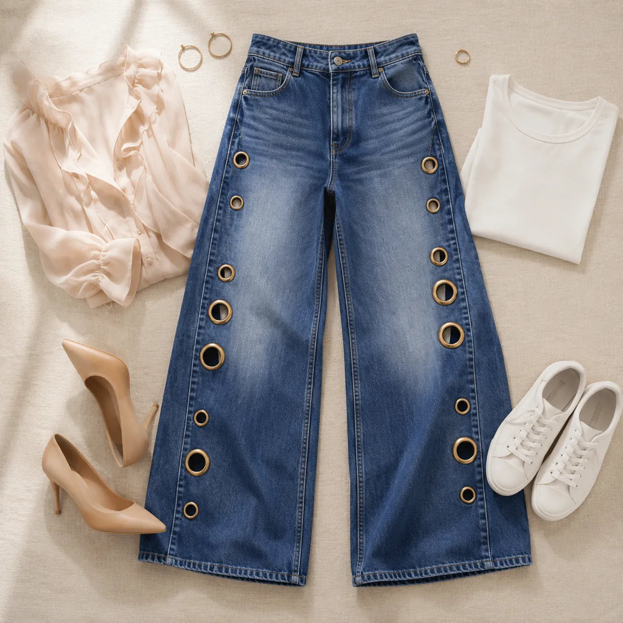 Velmora – Wide Leg Jeans with Brass Grommet Side Detail, High Rise