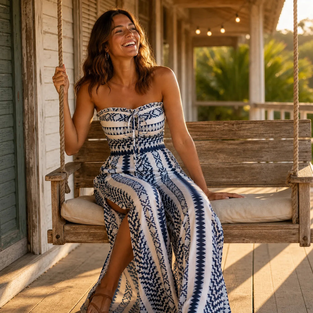 Soleia – Strapless Geometric Print Wide-Leg Jumpsuit with Side Slits