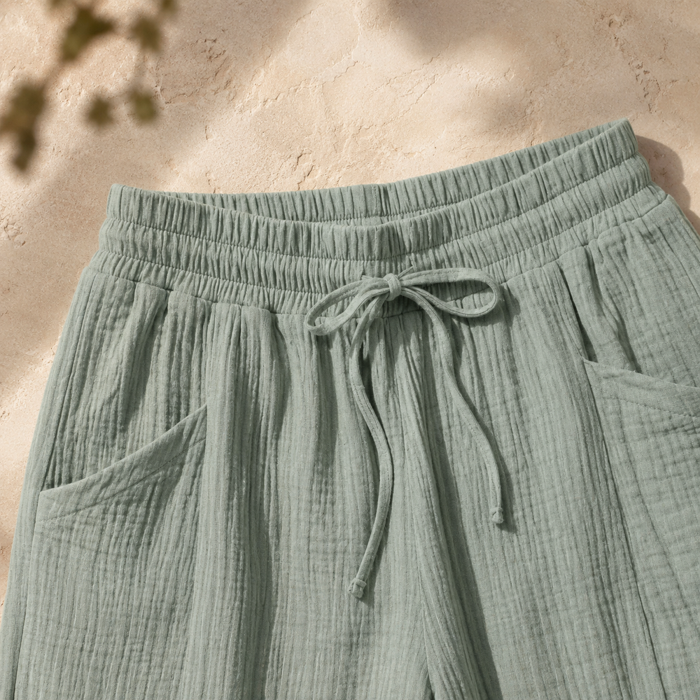 Linelle™ – Women's Crinkle Wide-Leg Cropped Pants with Pockets