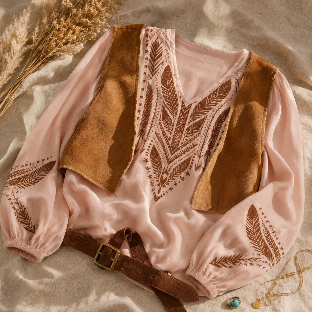 Soluna – Embroidered Boho Blouse, V-Neck, Balloon Sleeve