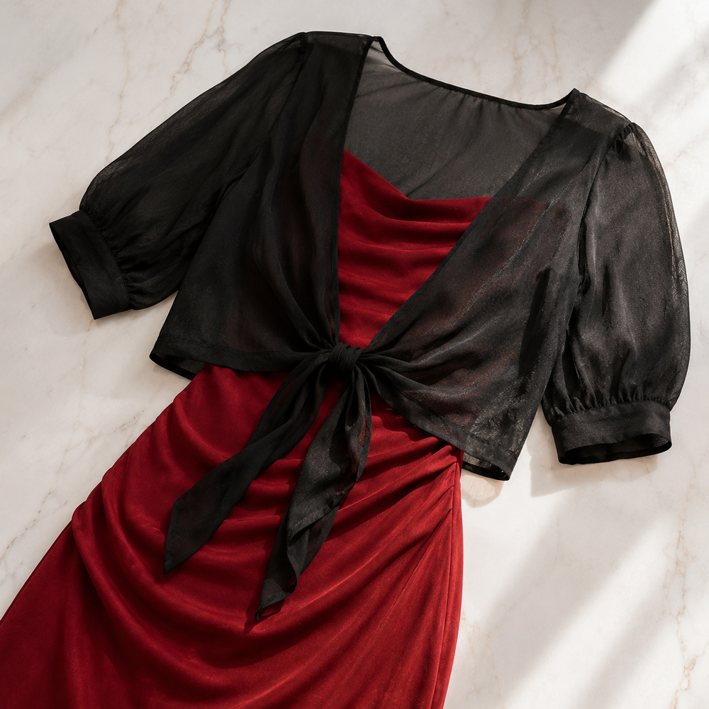 Veluna™ – Chiffon Tie-Front Top with Puff Sleeves