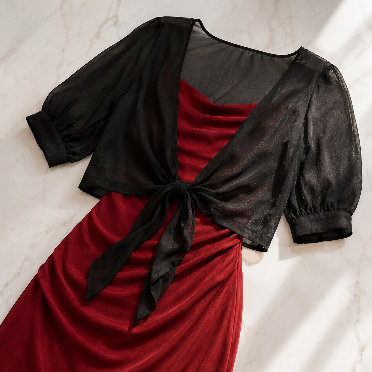 Veluna™ – Chiffon Tie-Front Top with Puff Sleeves