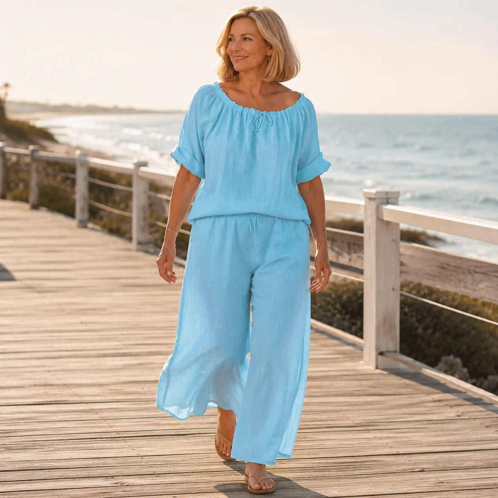 Soléne – Off-Shoulder Drawstring Top & Wide-Leg Pants 2-Piece Set