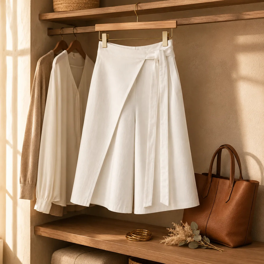 Velora – Wrap-Front Wide-Leg Culottes for Women, Knee Length, Tie Waist