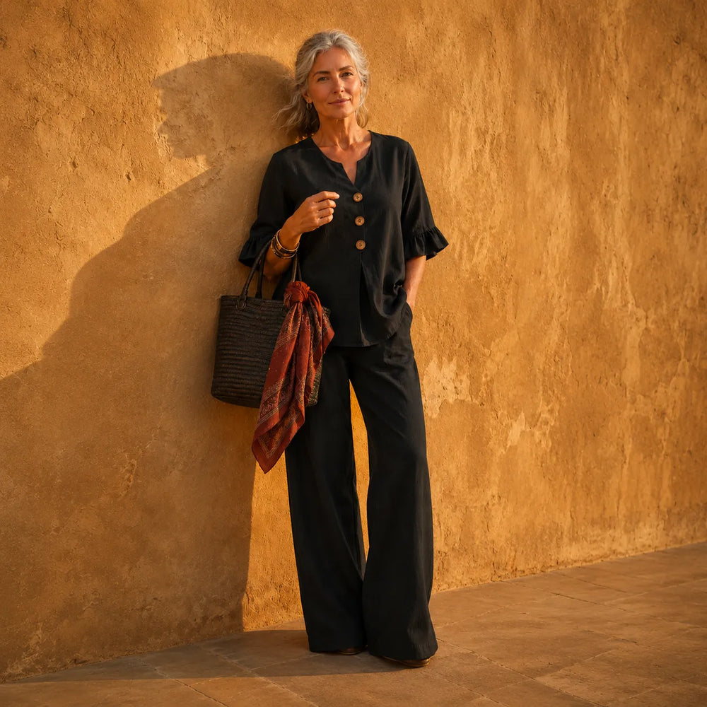 Lunavia – Linen-Look 2-Piece Set, Ruffle-Cuff Top & Wide-Leg Trousers, Women's Coordinated Outfit