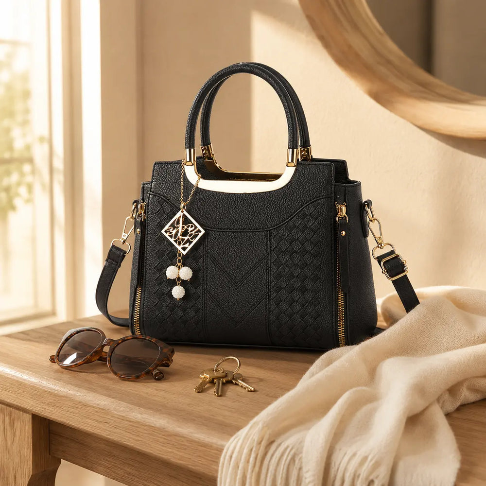 Velura – Structured Top Handle Satchel with Crossbody Strap, V-Stitch, Gold Hardware