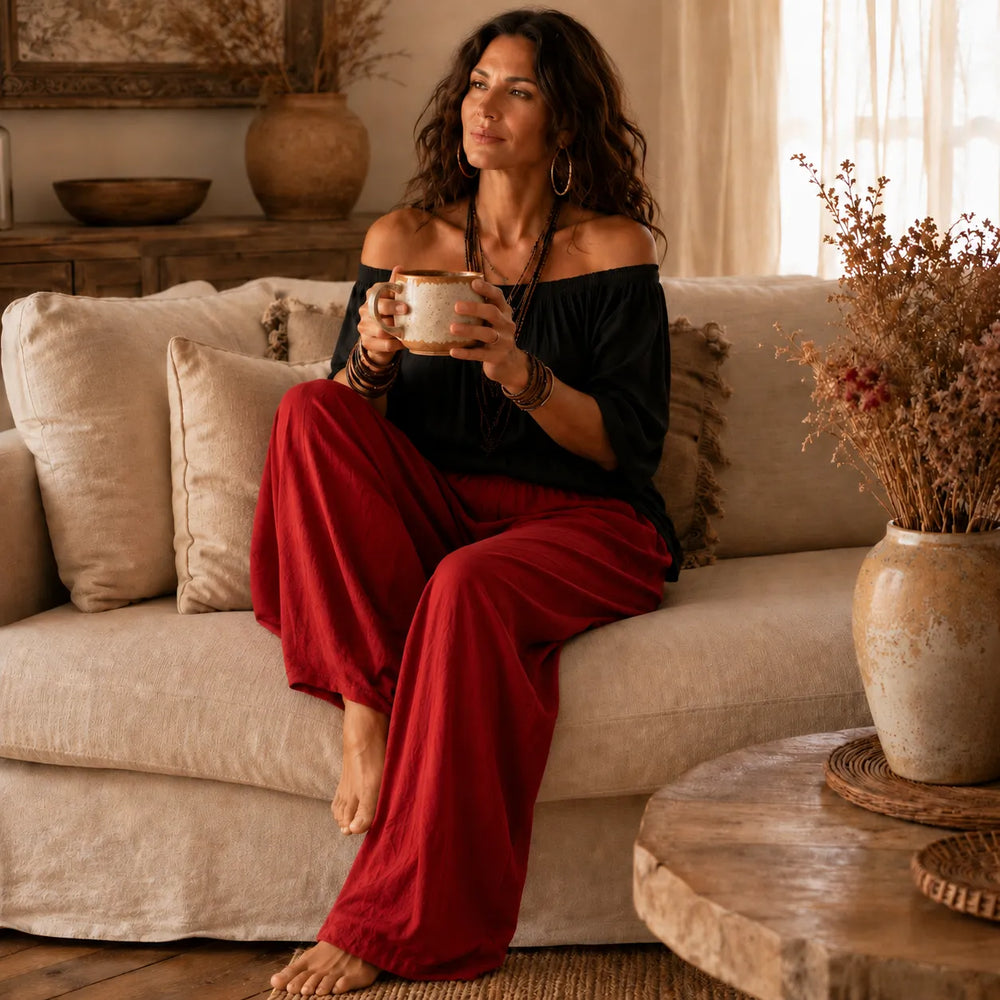 Solenza – Off-Shoulder Boho Top and Lantern Pants Set for Women